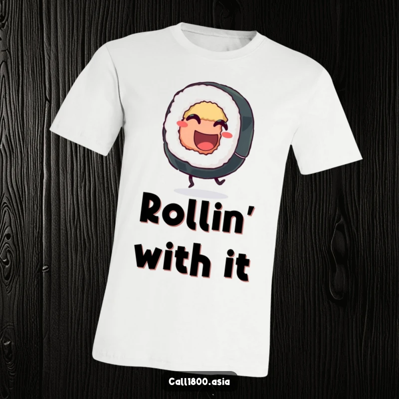 Funny sushi roll t-shirt with energetic legs kicking, a grinning character embodying pure food-fueled happiness for a lighthearted look.