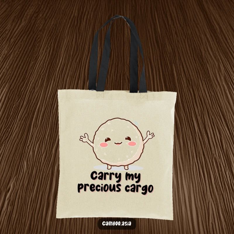 Funny tote bag with a round, smiling rice ball character enthusiastically waving its tiny arms, perfect for carrying essentials with charm.