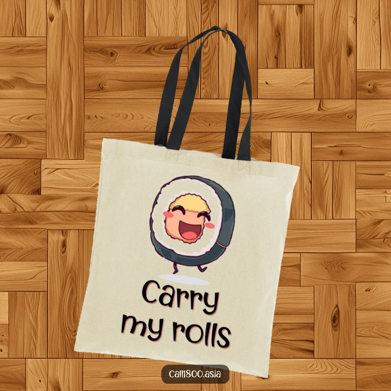 Funny sushi roll tote bag featuring a smiling character with legs kicking in pure glee, perfect for practical and humorous everyday use.
