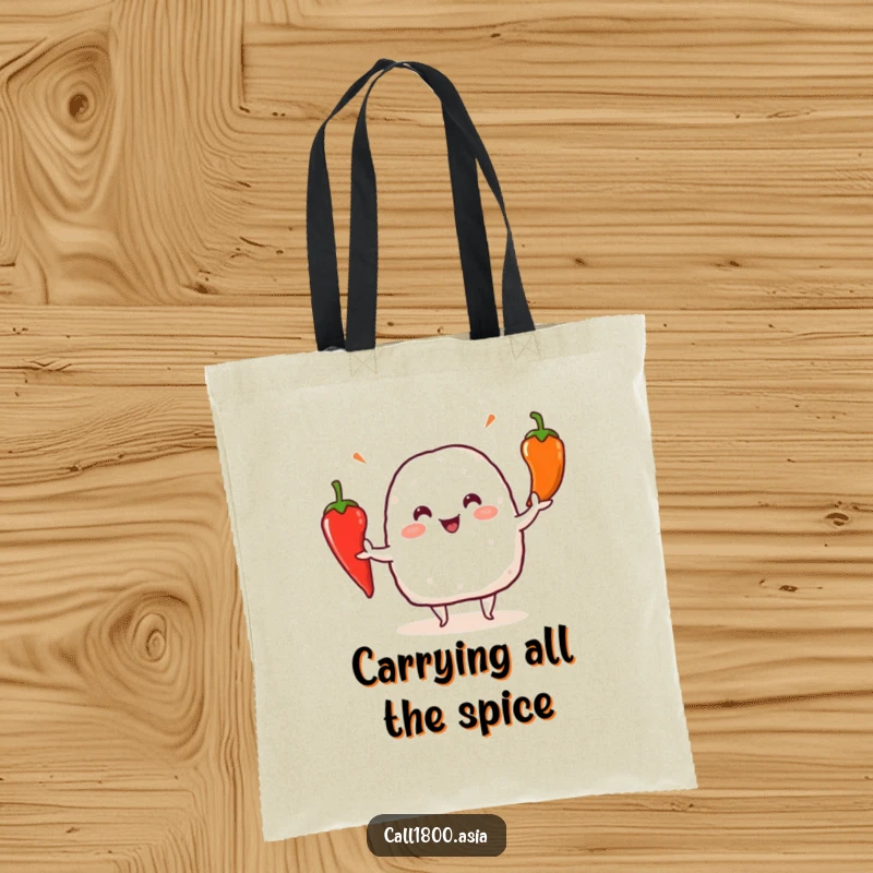 Funny onigiri character juggling colorful chili peppers on a durable and humorous tote bag for everyday use.