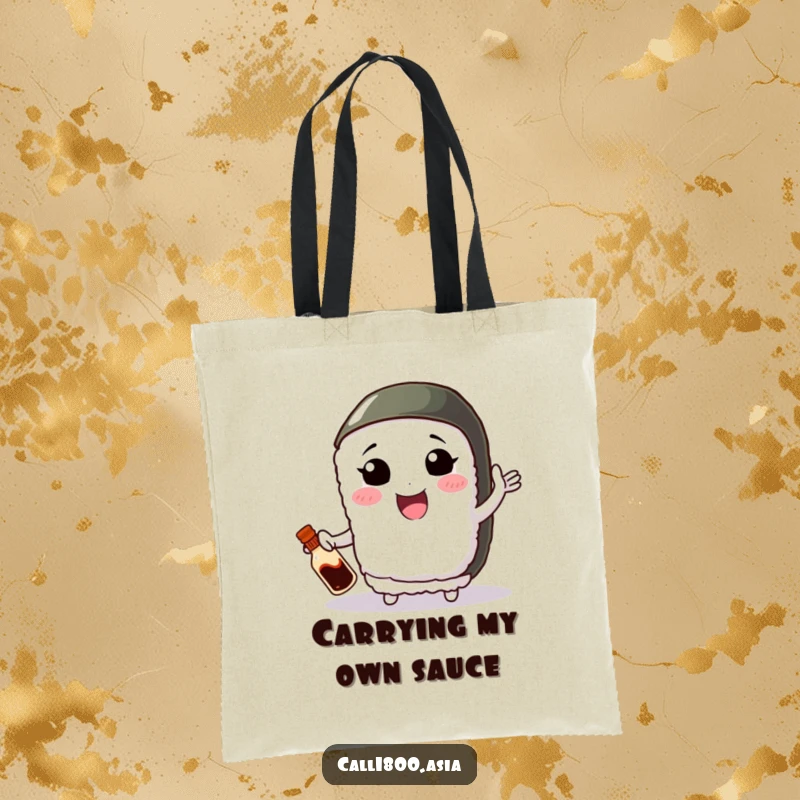 Funny tote bag designed with a smiling sushi roll character with small arms, performing a skillful juggling act with soy sauce.
