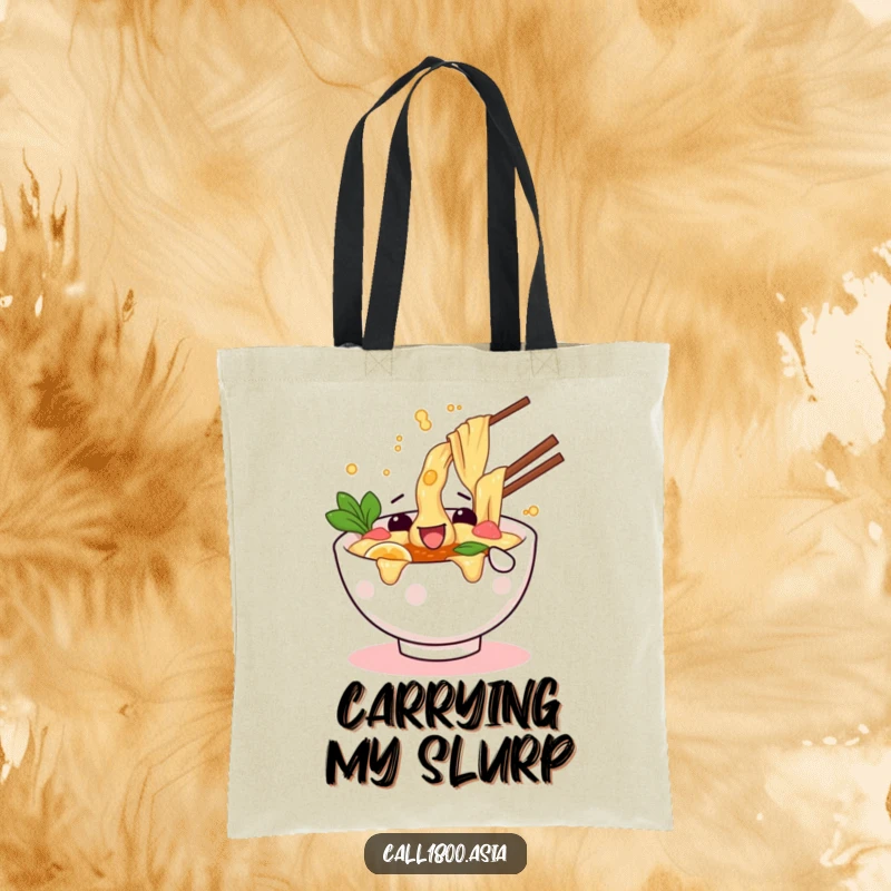 Funny tote bag designed with a wiggling ramen bowl character playfully splashing broth, perfect for carrying your essentials.