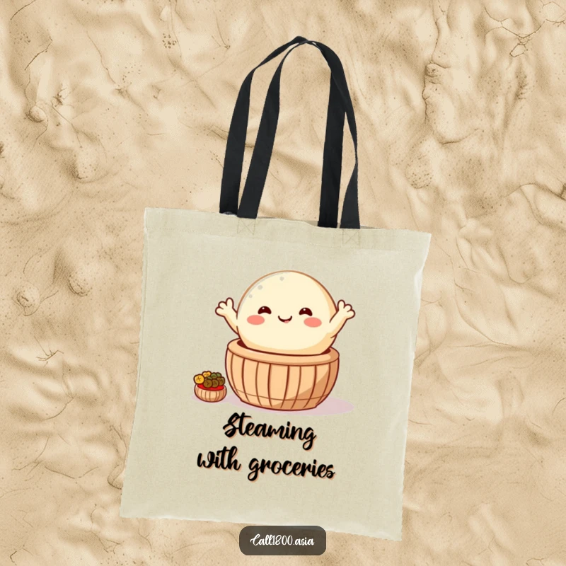 Funny tote bag showcasing a happy, round bao bun waving from a steaming basket, a cute and humorous accessory for daily use.