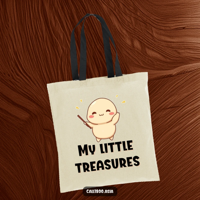 Funny dumpling tote bag with a cheerful character juggling miniature chopsticks, perfect for carrying items with a touch of playful skill.