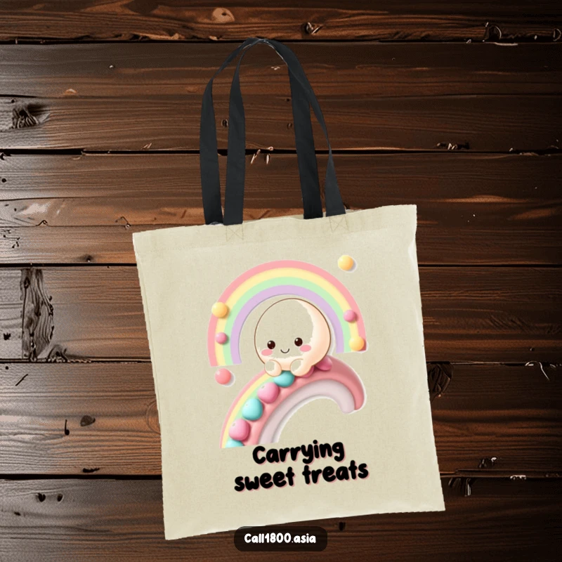 Funny mochi character sliding down a candy rainbow on a durable and humorous tote bag.
