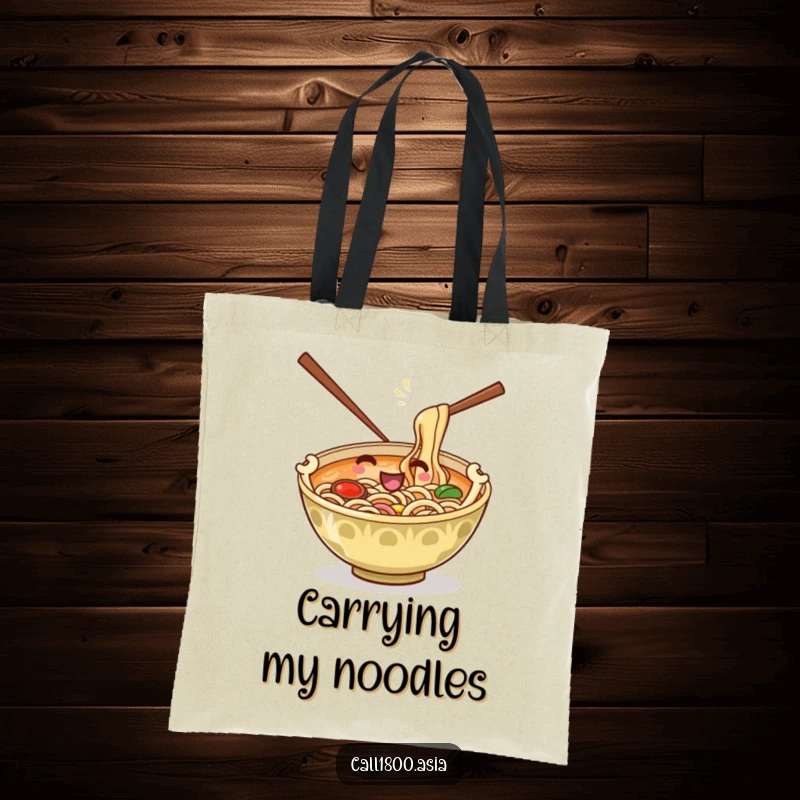 Funny tote bag showcasing a playful ramen bowl and chopsticks stirring noodles, a humorous and practical accessory for carrying daily items.