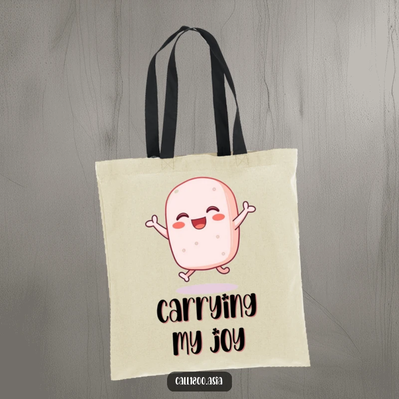 Funny sticky rice cake character bouncing with enthusiasm on a durable and humorous tote bag.