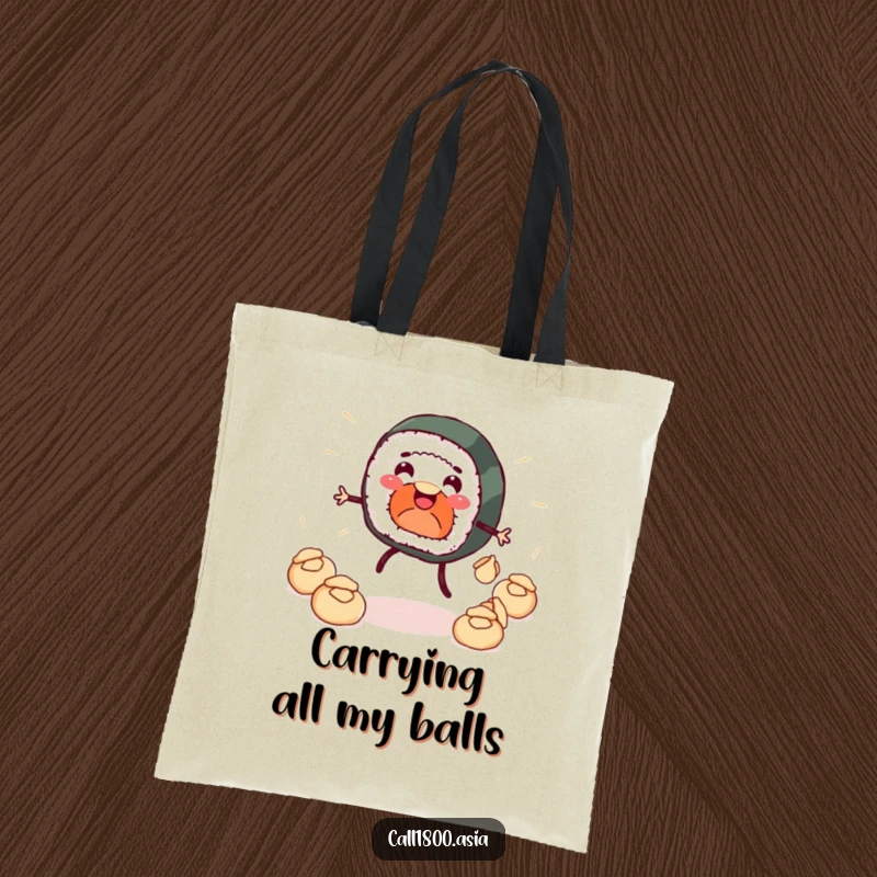 Funny tote bag displaying a smiling sushi roll with legs juggling dumplings, a practical and humorous accessory for carrying daily essentials.