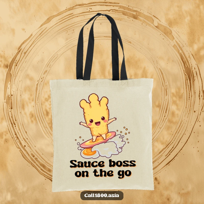 Funny tempura character gracefully surfing a vibrant wave of dipping sauce on a reusable and stylish tote bag.