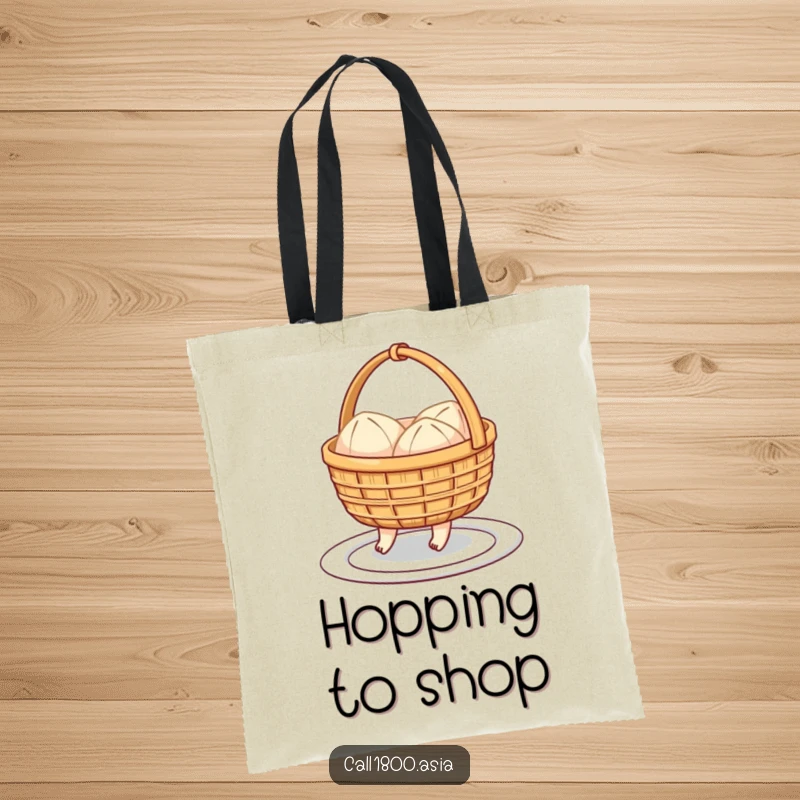 Funny tote bag showcasing a cheerful dim sum basket with little feet hopping towards a plate, a humorous and practical accessory.