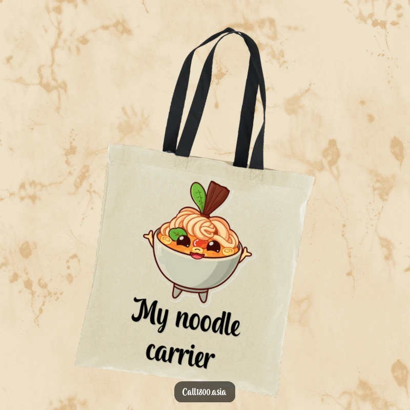 Funny ramen bowl tote bag with a bouncing character, happy eyes, and a wide grin, perfect for carrying items with a dose of joyful energy.